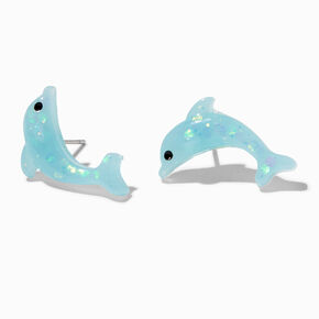 Clous d&#39;oreilles dauphins bleus paillet&eacute;s,