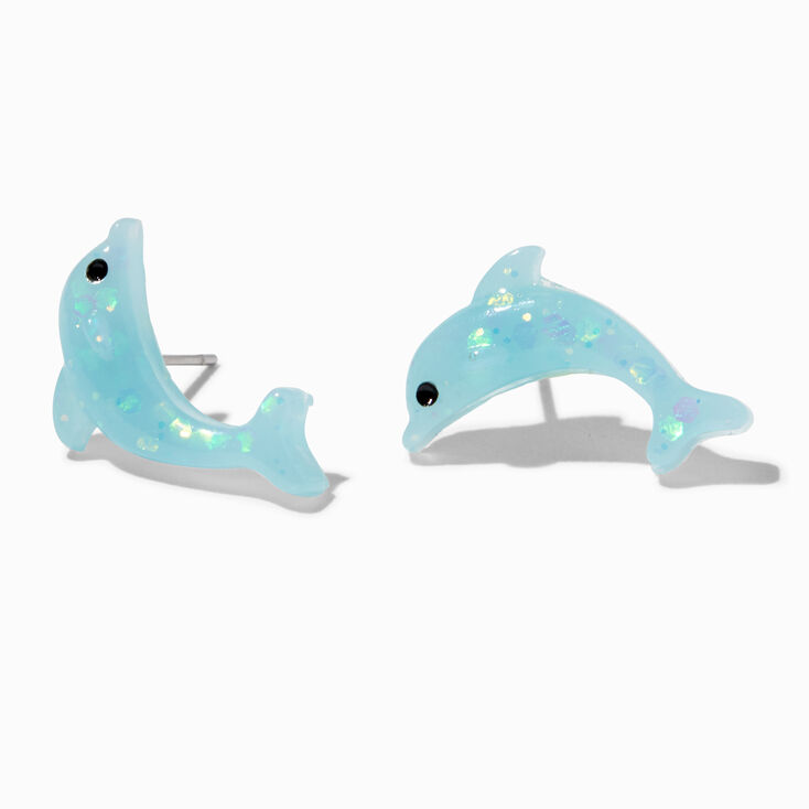 Blue Glitter Dolphin Stud Earrings,