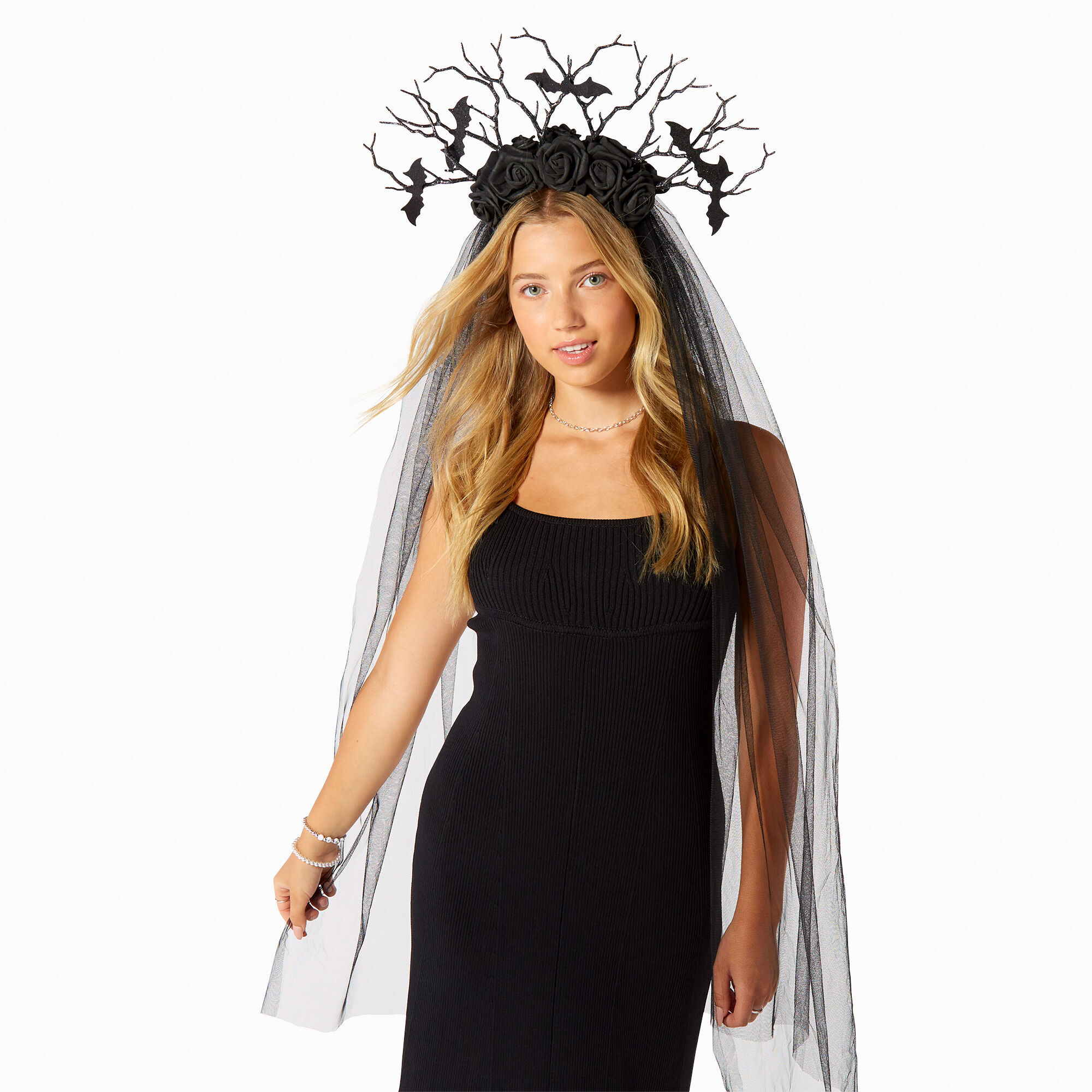 View Claires Bats Branches Roses Headband With Veil Black information