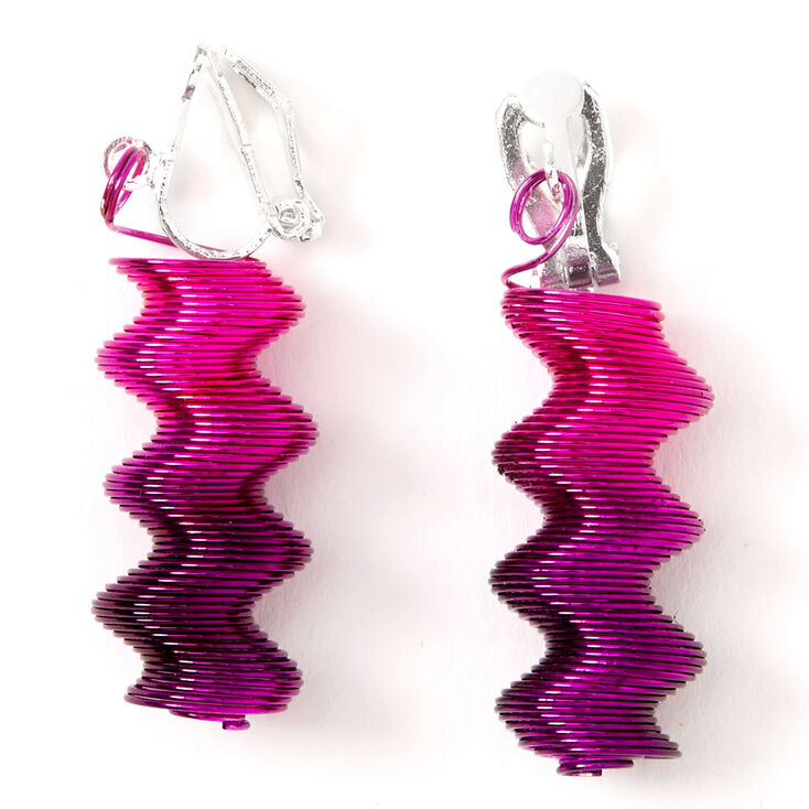 Silver 1&quot; Pink &amp; Purple Zig Zag Clip On Drop Earrings,