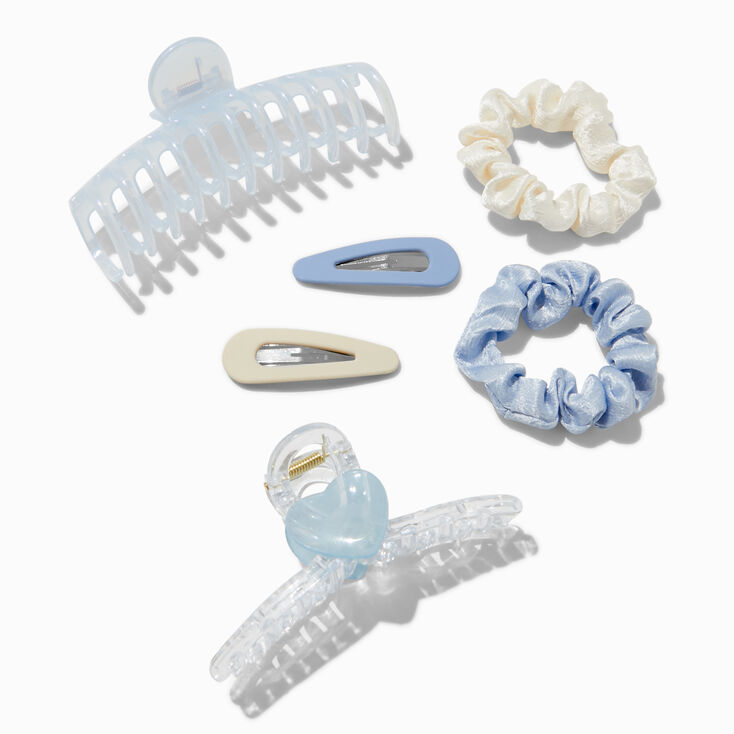 Blue &amp; Cream Mixed Scrunchie &amp; Hair Clip Set - 6 Pack,