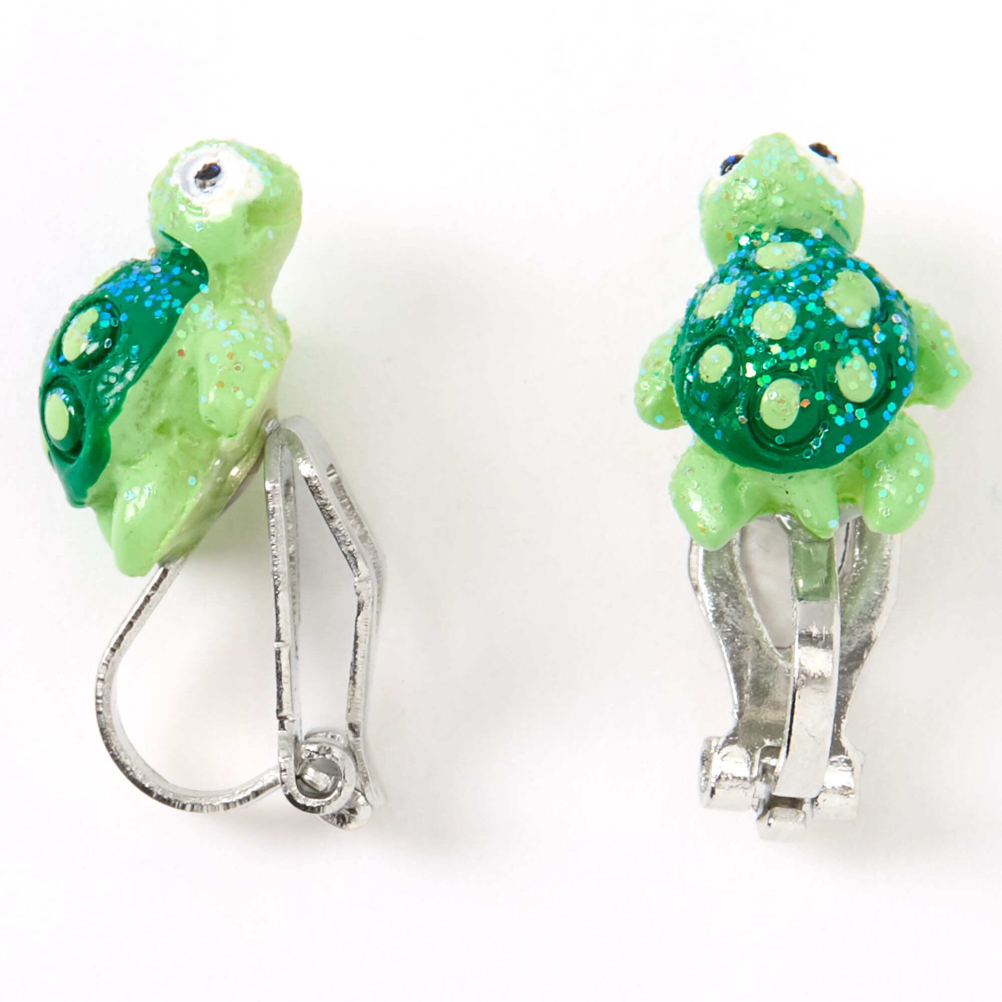 Silver Glitter Turtle Clip On Stud Earrings Green