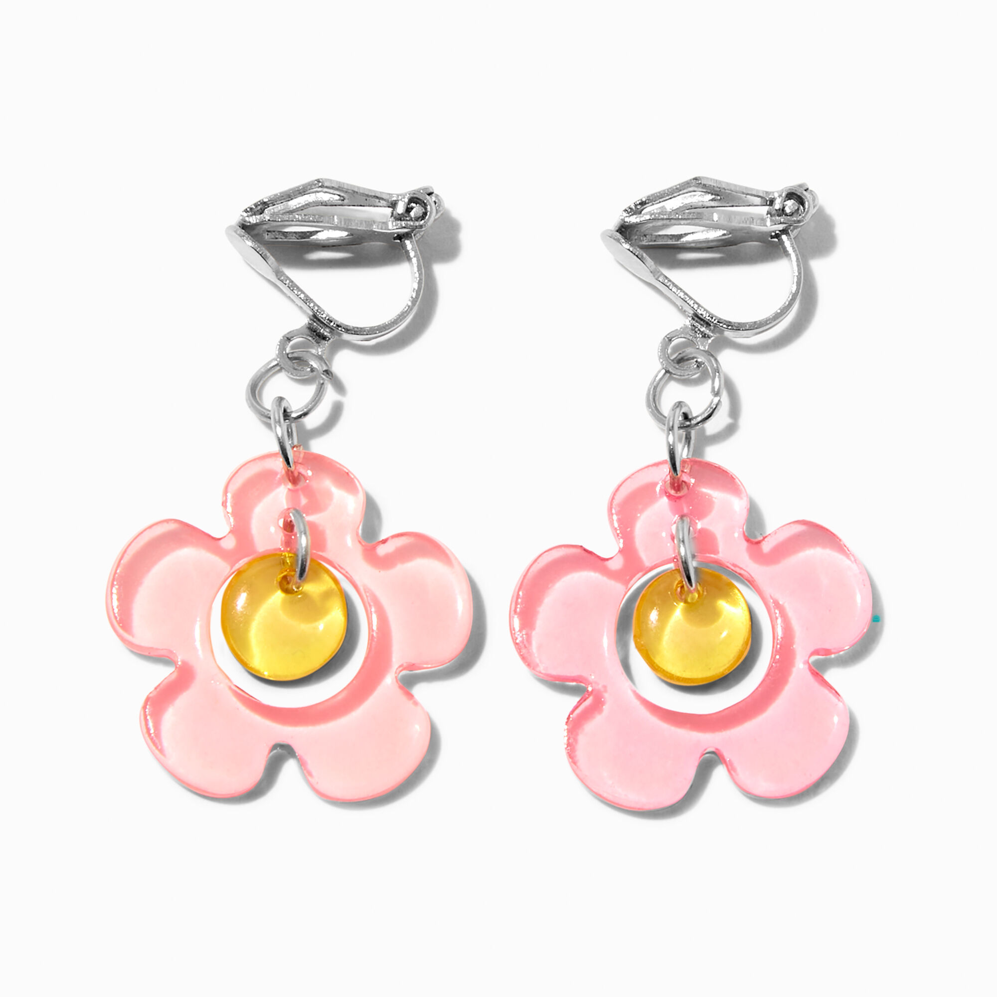Silver 1 Pink Daisy Clip On Drop Earrings