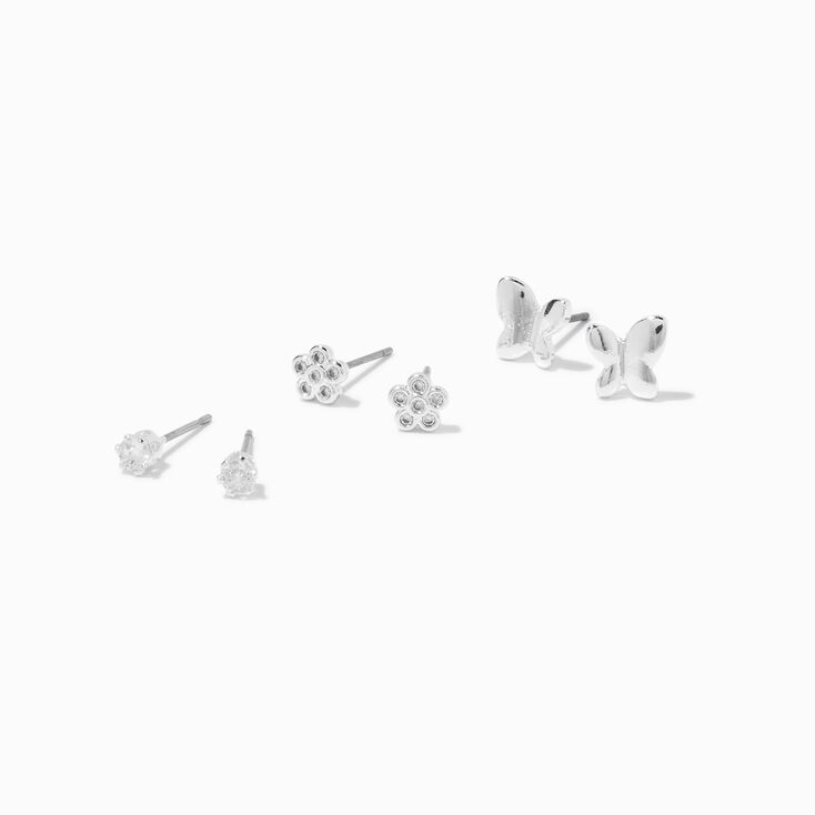Silver Cubic Zirconia Flower &amp; Butterfly Stud Earrings - 3 Pack,