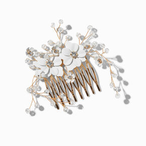 Peigne &agrave; cheveux couleur dor&eacute;e perles d&#39;imitation et fleurs blanches,