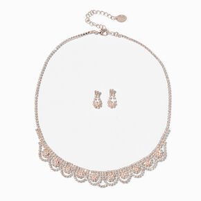Rose Gold Rhinestone Scalloped Necklace &amp; Earrings Set - 2 Pack,