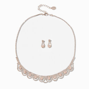 Rose Gold Rhinestone Scalloped Necklace &amp; Earrings Set - 2 Pack,