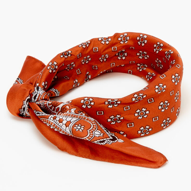 Claire's Bandeau bandana soyeux imprimé floral et cachemire - Couleur rouille