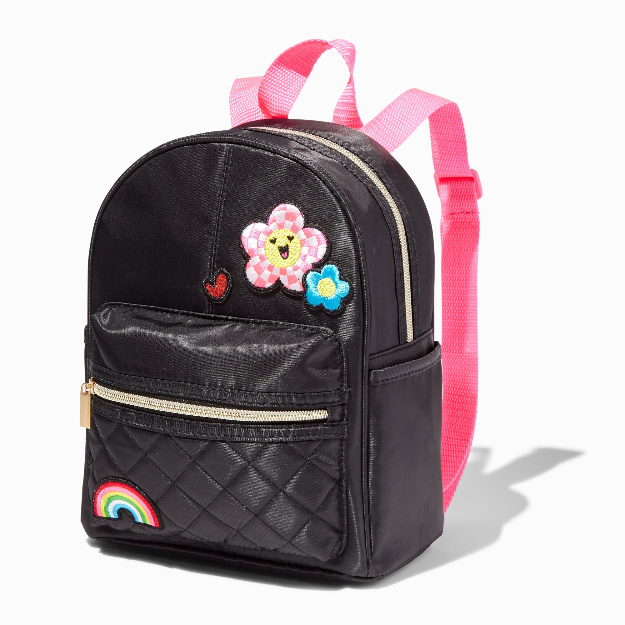 Claire's Mini sac à dos matelassé noir patch marguerite à carreaux