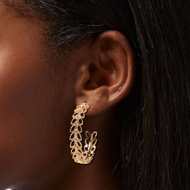 Gold 40MM Textured Leaf Hoop Earrings,