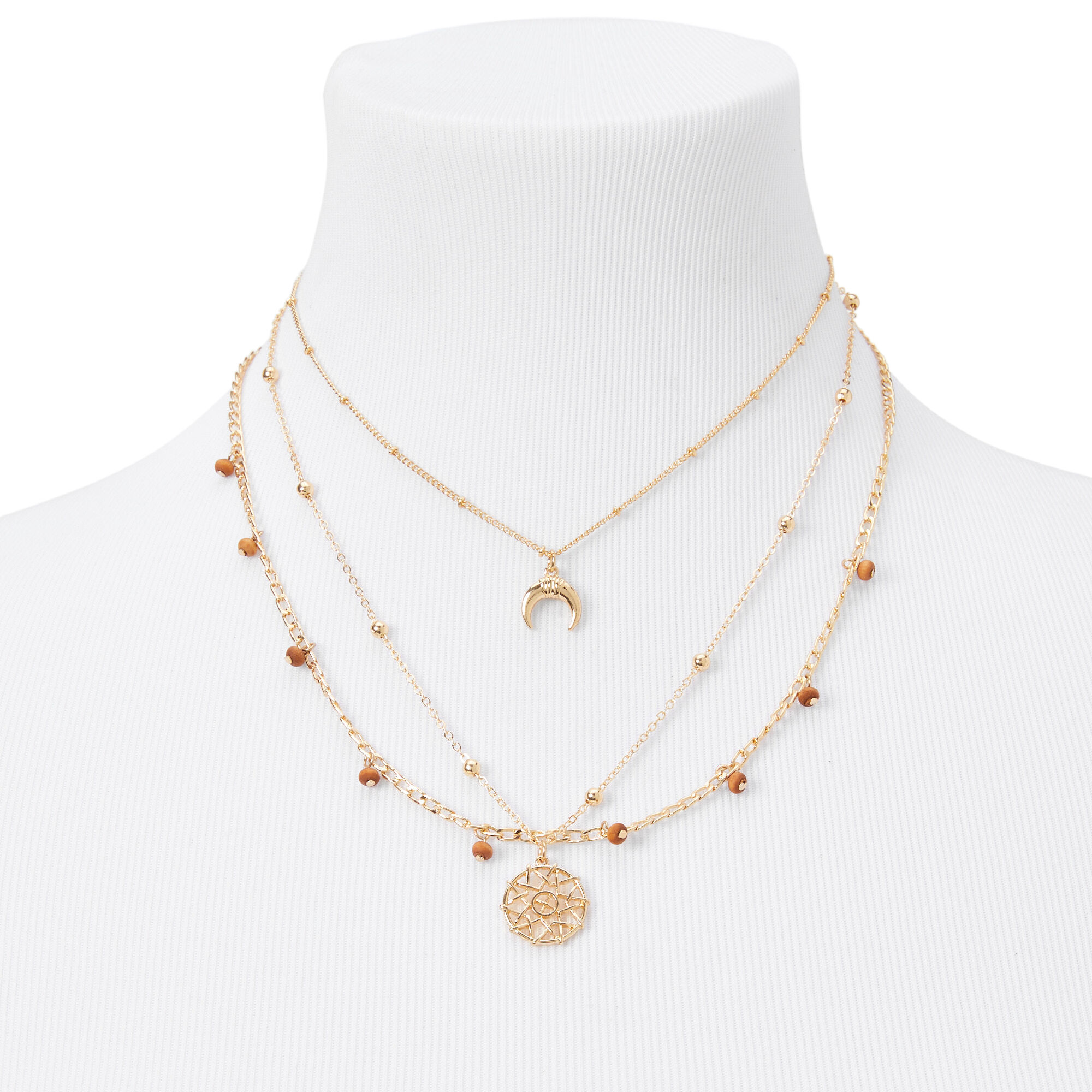 Gold Wooden Horn Multi Strand Chain Necklace Set - Brown, 2 Pack,