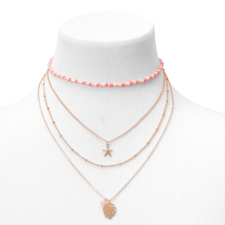 Pink Bead Gold Starfish &amp; Monstera Palm Leaf Multi Strand Choker Necklace,