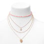 Pink Bead Gold Starfish &amp; Monstera Palm Leaf Multi Strand Choker Necklace,