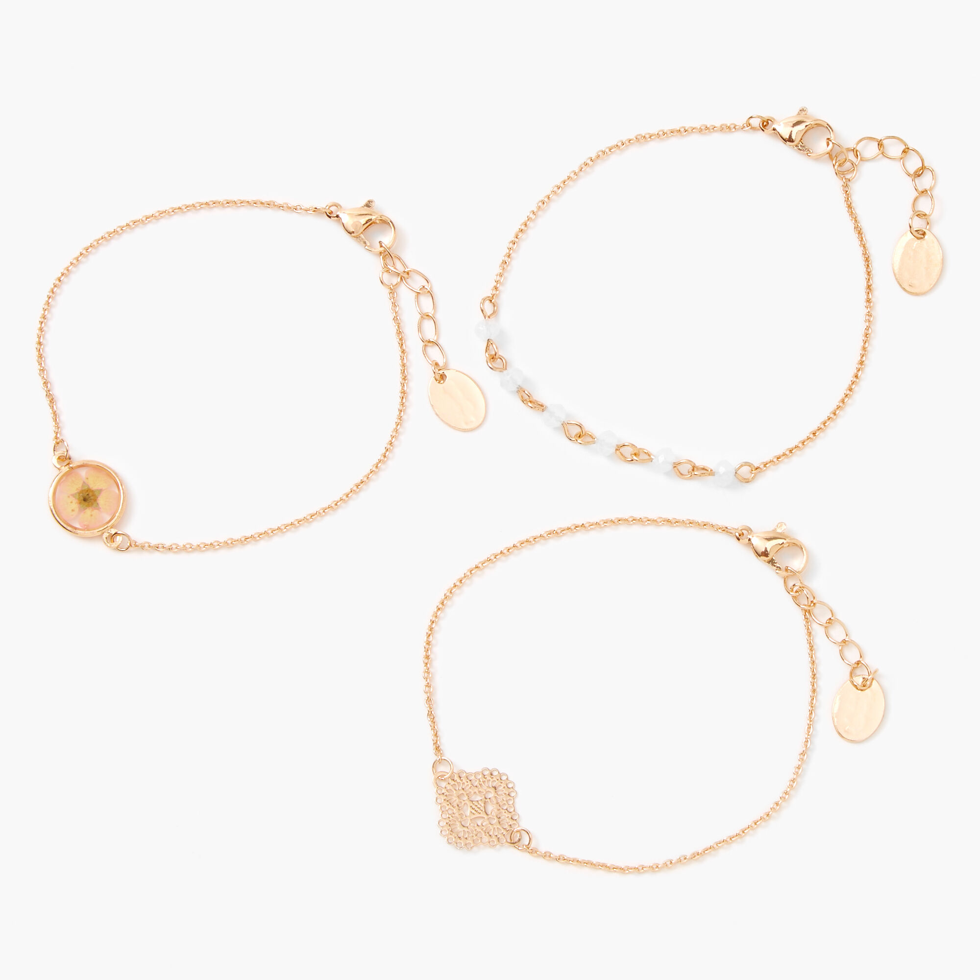 Gold Pressed Floral Filigree Chain Bracelets - 3 Pack,