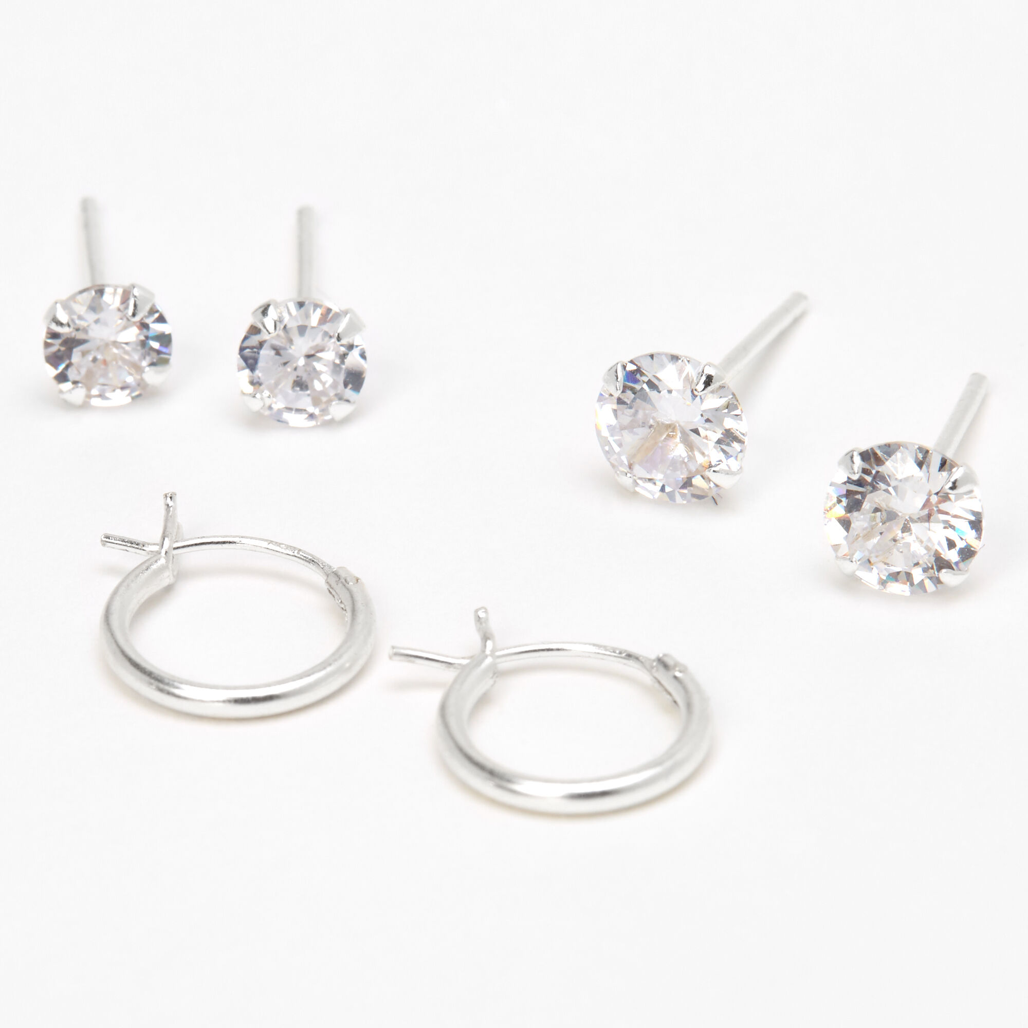 Sterling Silver Cubic Zirconia Round Stud & Hoop Earrings - 3 Pack,