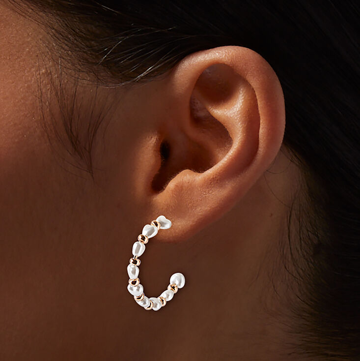 Gold-tone &amp; Pearl Hoop Earrings,