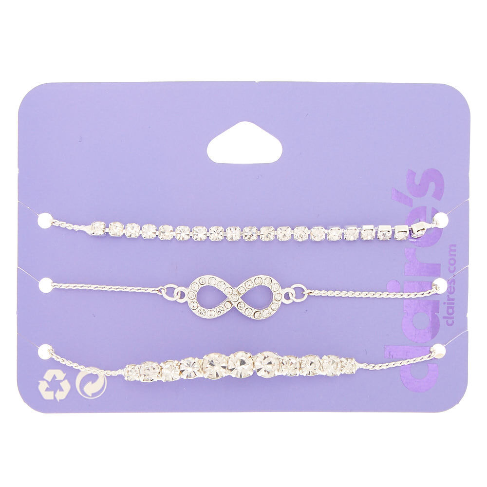 Silver Rhinestone Infinity Adjustable Bracelets - 3 Pack,