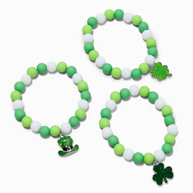 St. Patrick&#39;s Day Beaded Stretch Glitter Charm Bracelets - 3 Pack,