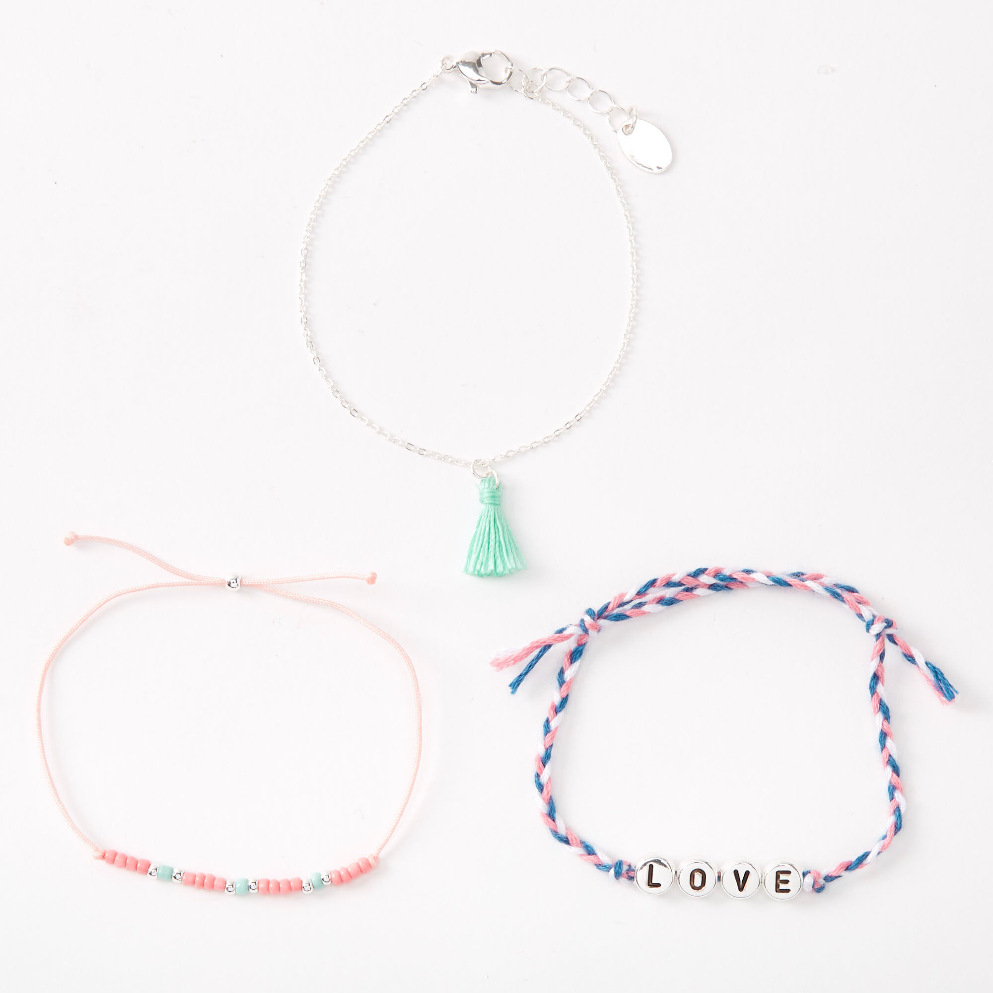 Pink & Mint Love Tassel Mixed Bracelets - 3 Pack,