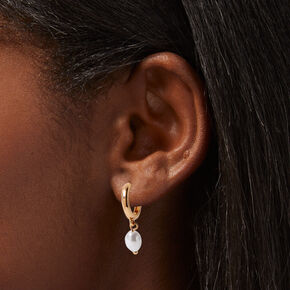 Gold-tone 10MM Pearl Huggie Hoop Earrings,
