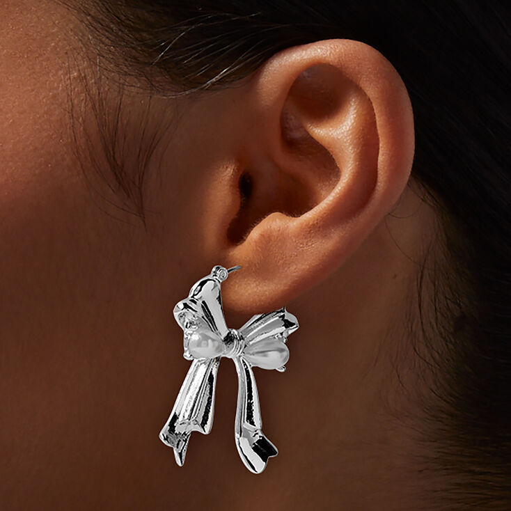 Pearl Bow Silver-tone Drop Earrings,