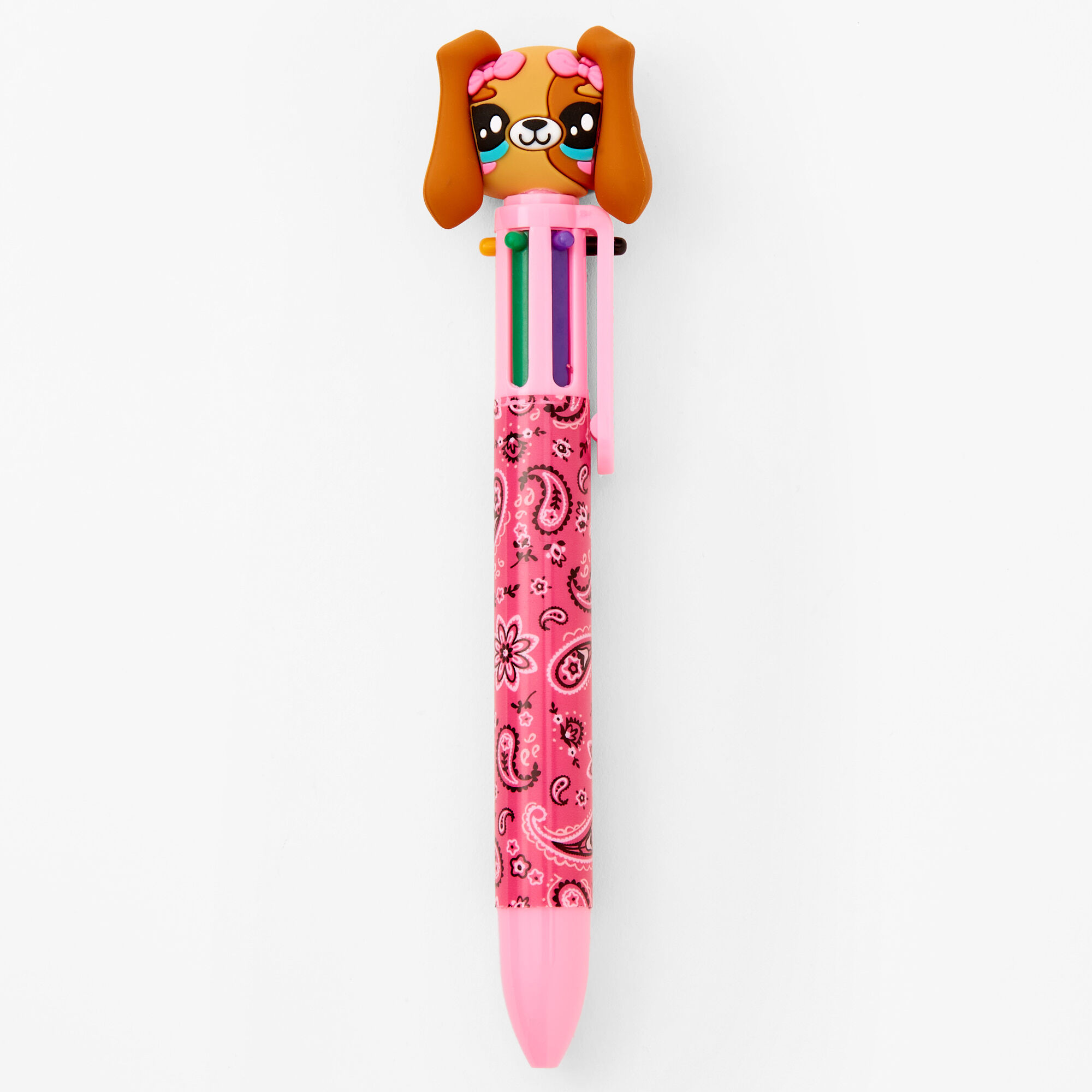 Claire's Stylo multicolore chiot motif cachemire - Rose