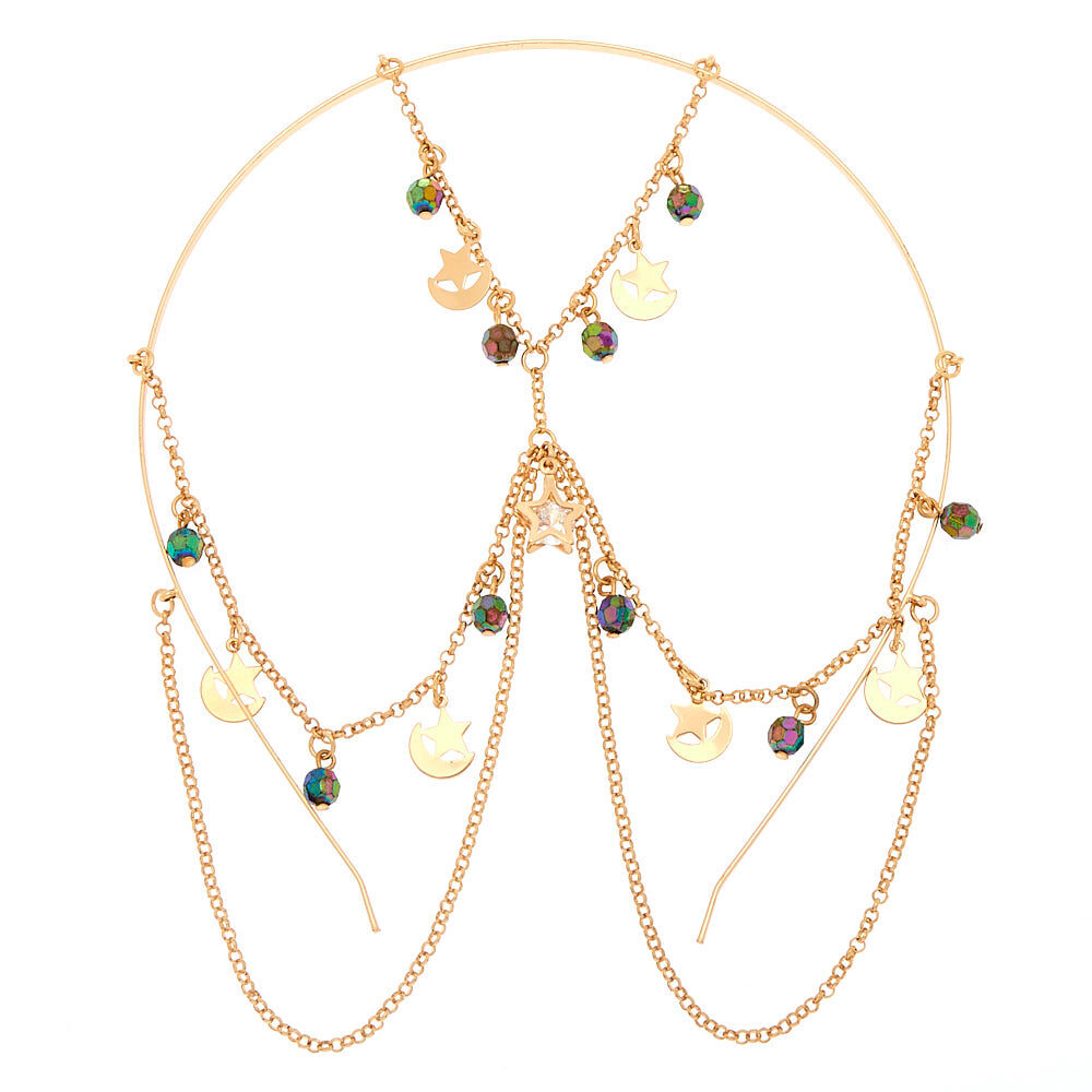 Gold Beaded Star Back to Front Chain Headband,