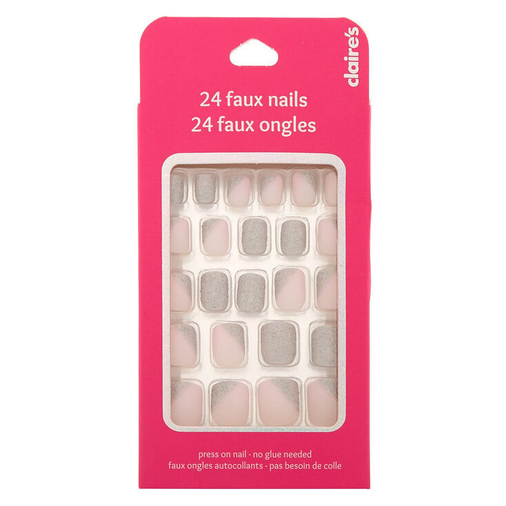 Asymmetrical Glitter Press On Faux Nail Set - Pink, 24 Pack,