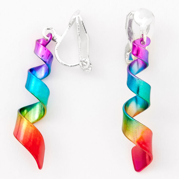 Silver 1&quot; Rainbow Spiral Clip On Drop Earrings,