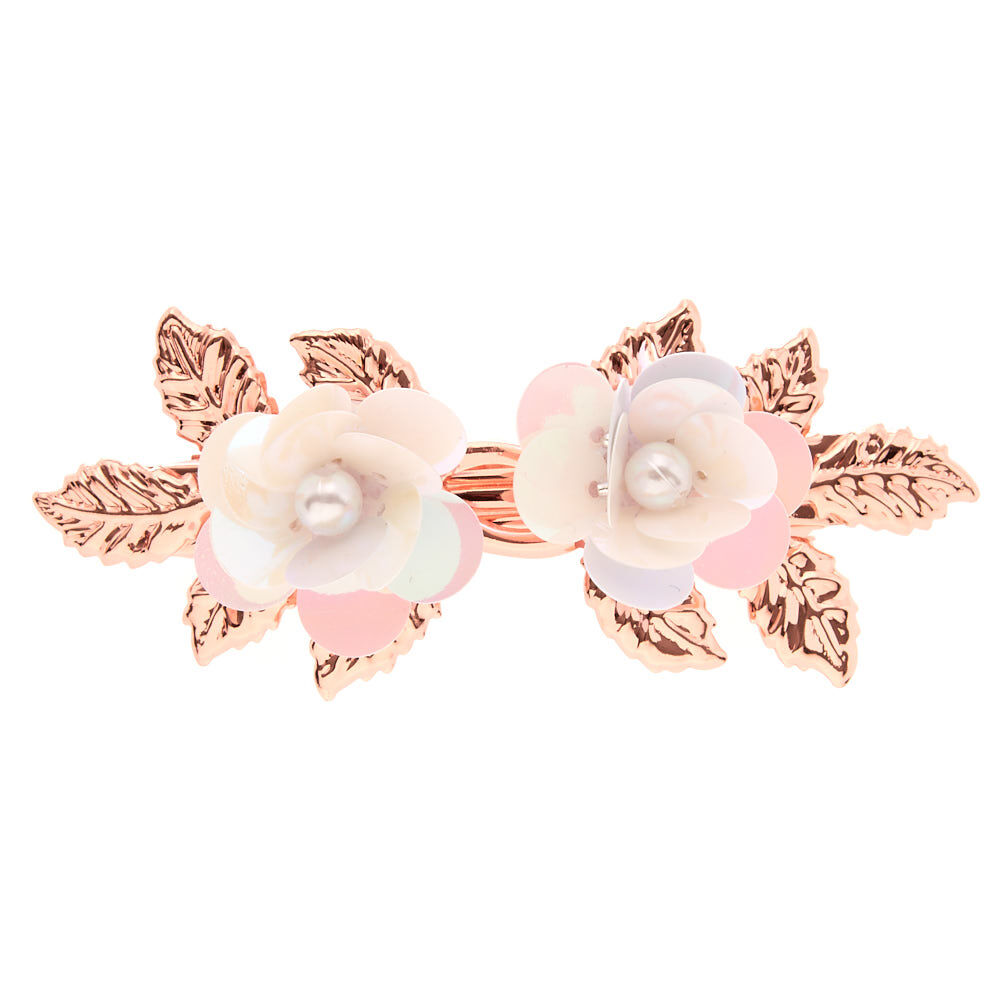 Rose Gold Sequin Flower Hair Barrette White