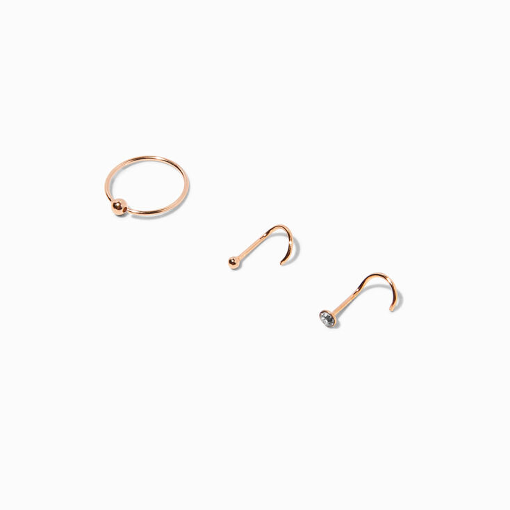 22G Rose Gold-tone Sterling Silver Nose Studs &amp; Rings - 3 Pack,