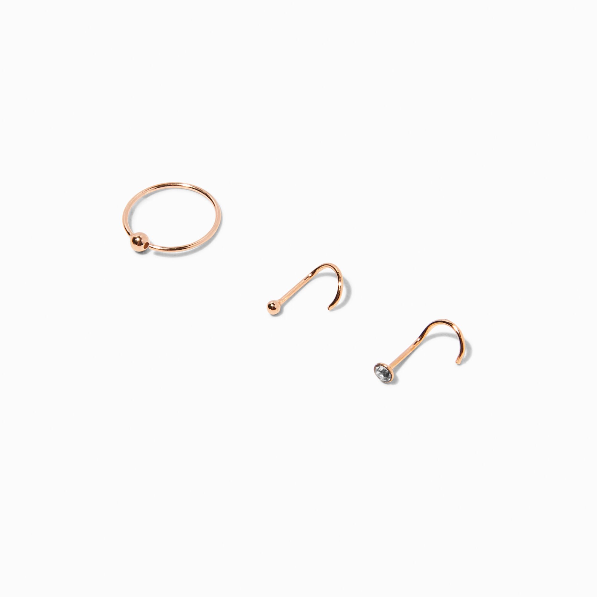 View Claires Sterling Silver 22G Rose Nose Studs Rings 3 Pack Gold information
