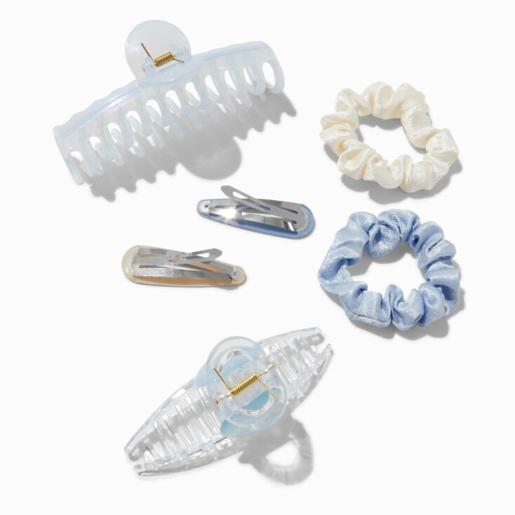 Blue &amp; Cream Mixed Scrunchie &amp; Hair Clip Set - 6 Pack,