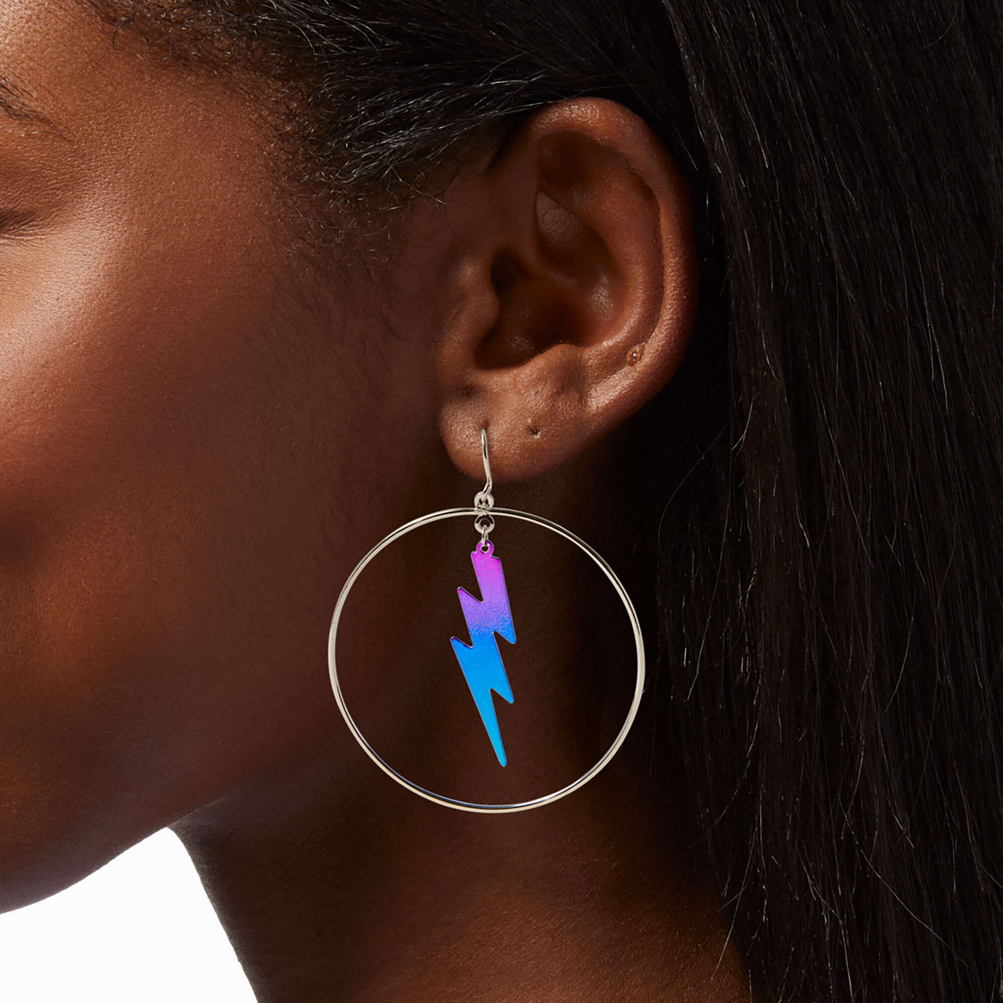 Iridescent Lightning Bolt 2" Silver Hoop Earrings,
