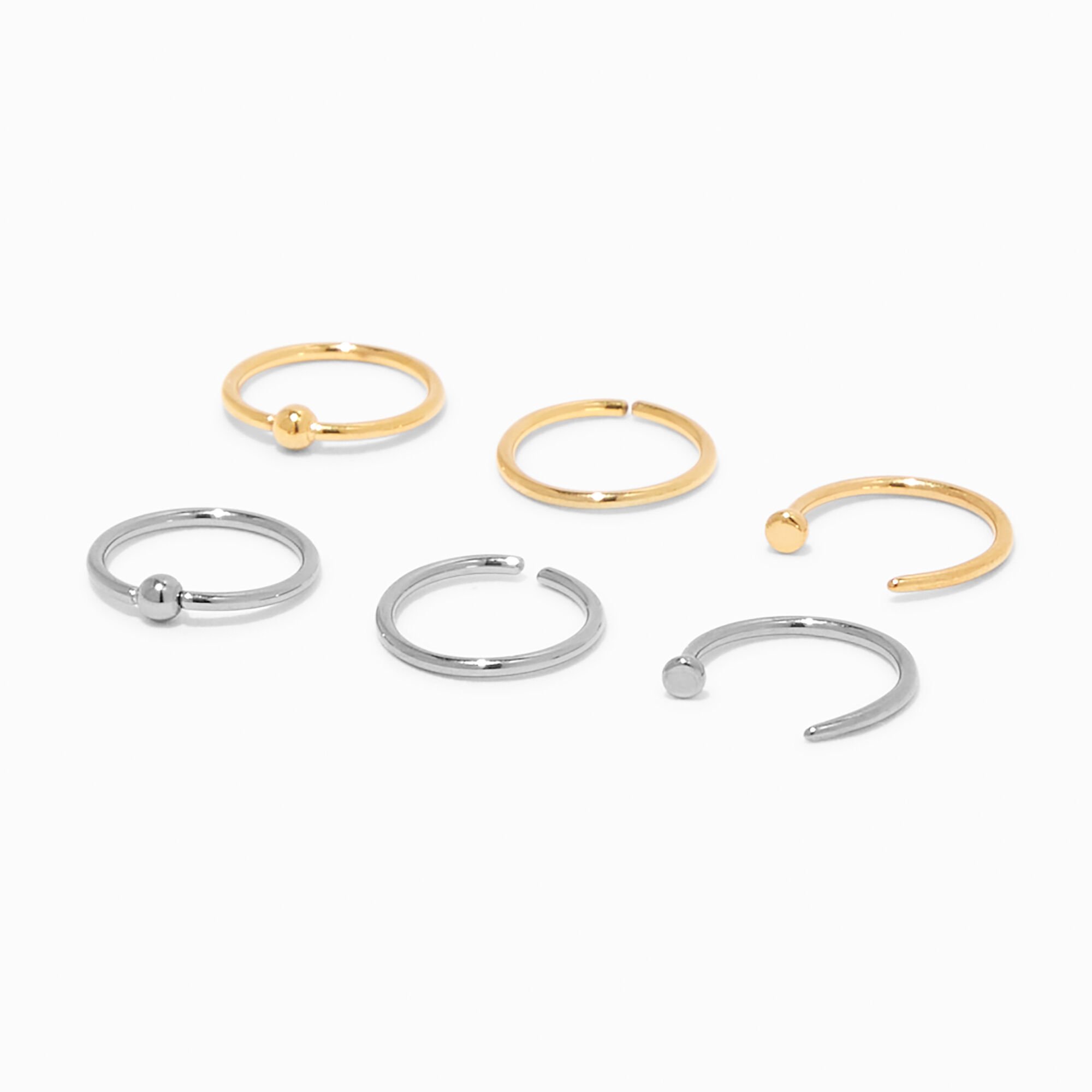 View Claires Mixed Metal Titanium 20G Ball Stud Hoop Nose Rings 6 Pack Gold information