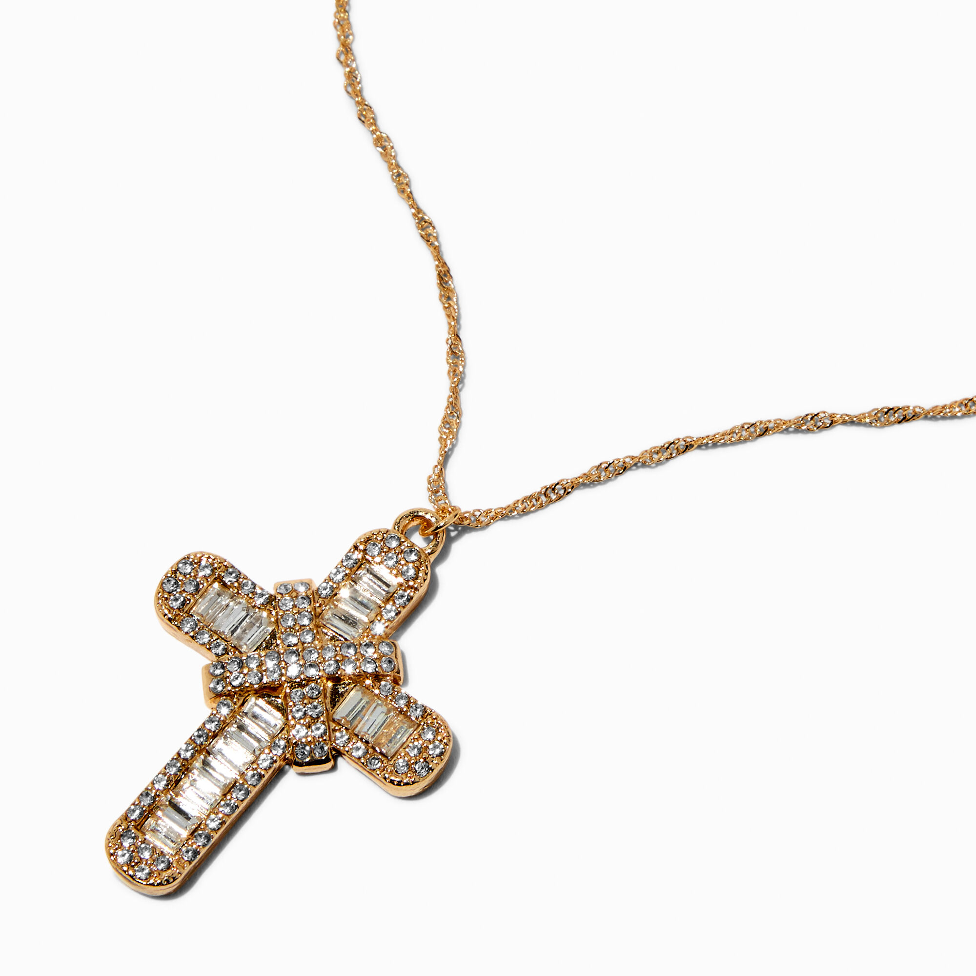 View Claires Tone Crystal Cross Pendant Necklace Gold information