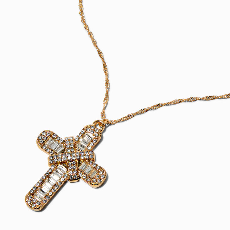 Collier &agrave; pendentif croix en strass couleur dor&eacute;e,