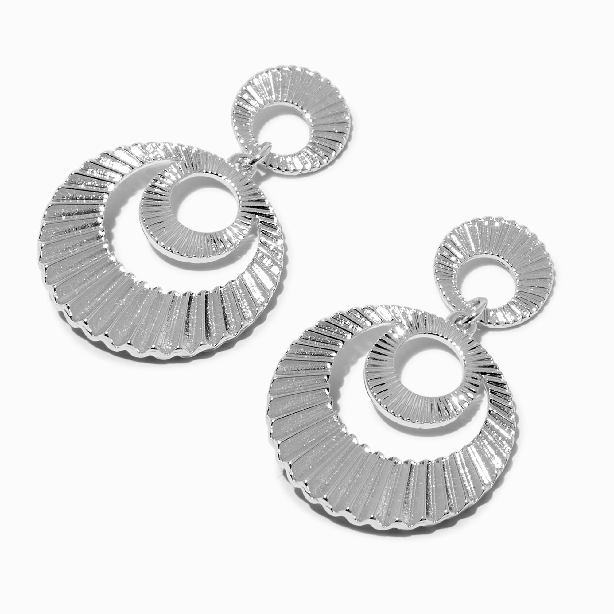 View Claires Tone Sunray Double Disc 15 Drop Earrings Silver information