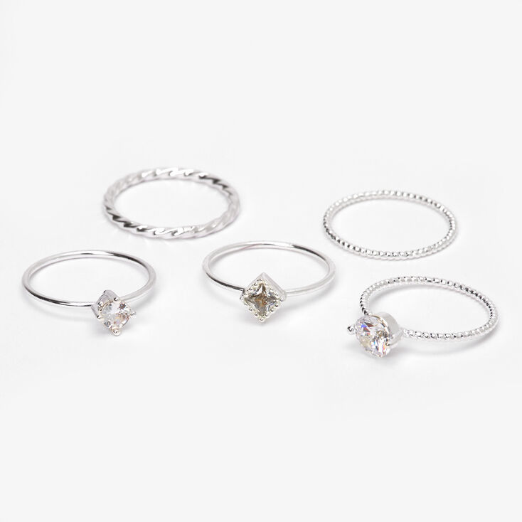 Silver Textured Cubic Zirconia Stone Rings - 5 Pack,