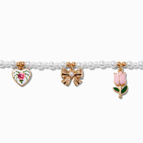 Floral &amp; Bow Charm Pearl Choker Necklace,