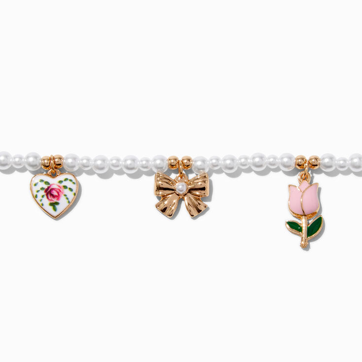 Floral &amp; Bow Charm Pearl Choker Necklace,