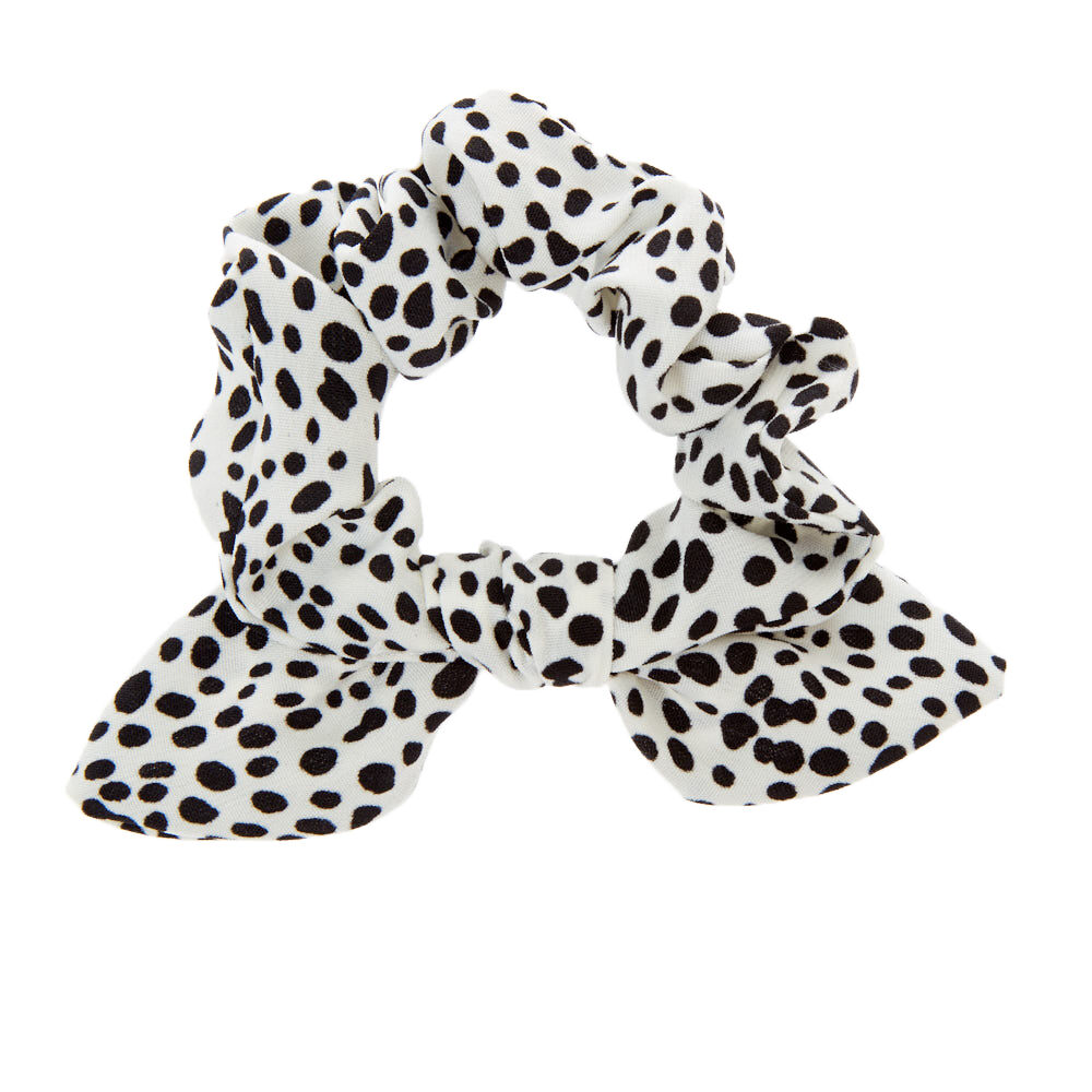 Small Dalmation Knotted Bow Hair Scrunchie - White,
