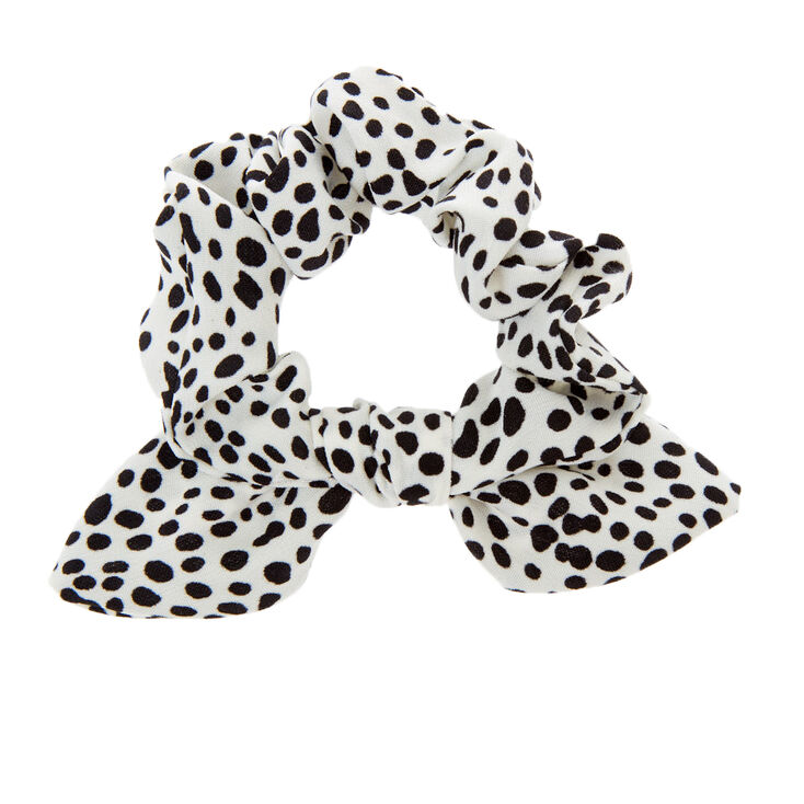 Small Dalmation Knotted Bow Hair Scrunchie - White,