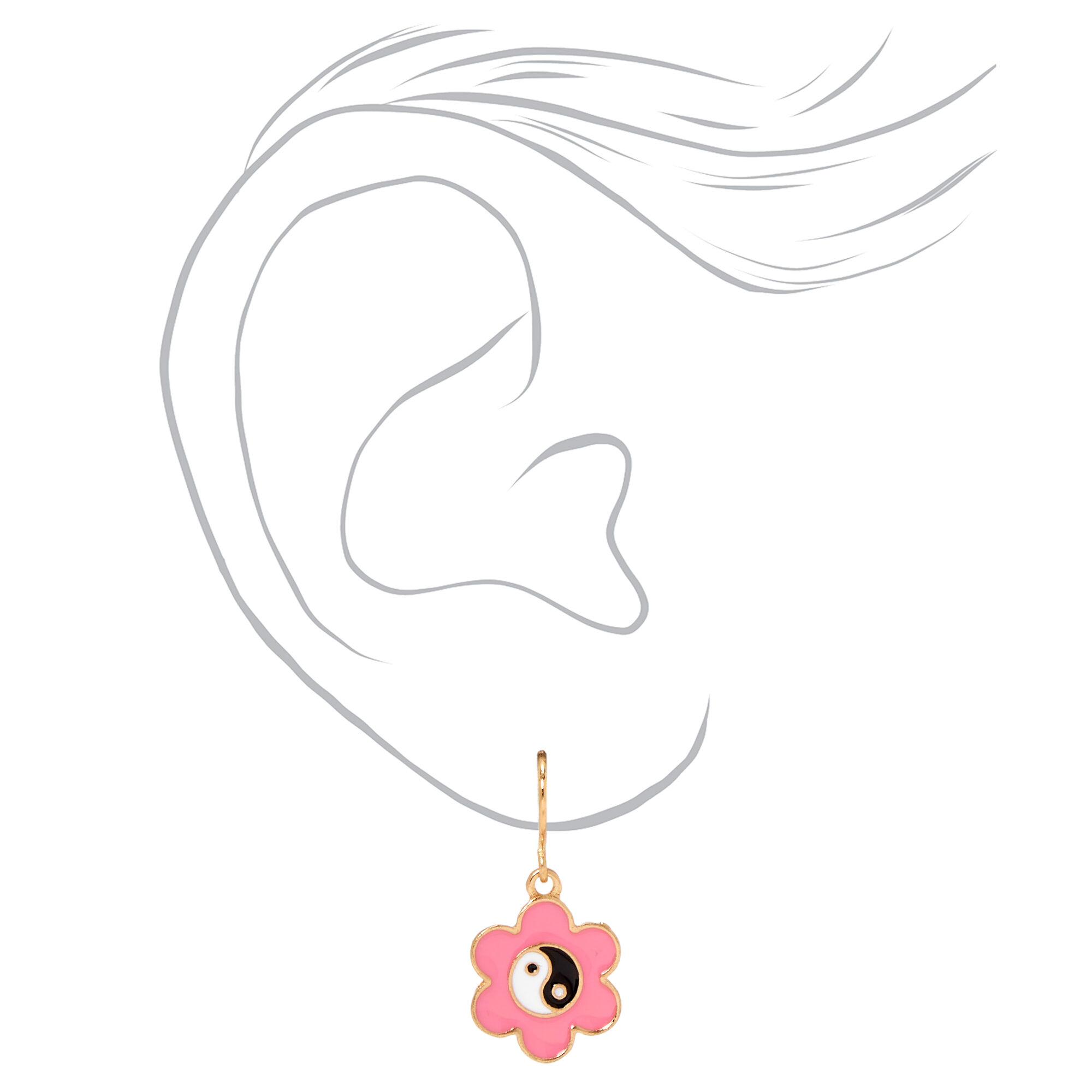 Gold .5" Pink Daisy Yin Yang Drop Earrings,