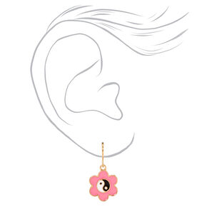 Gold .5&quot; Pink Daisy Yin Yang Drop Earrings,