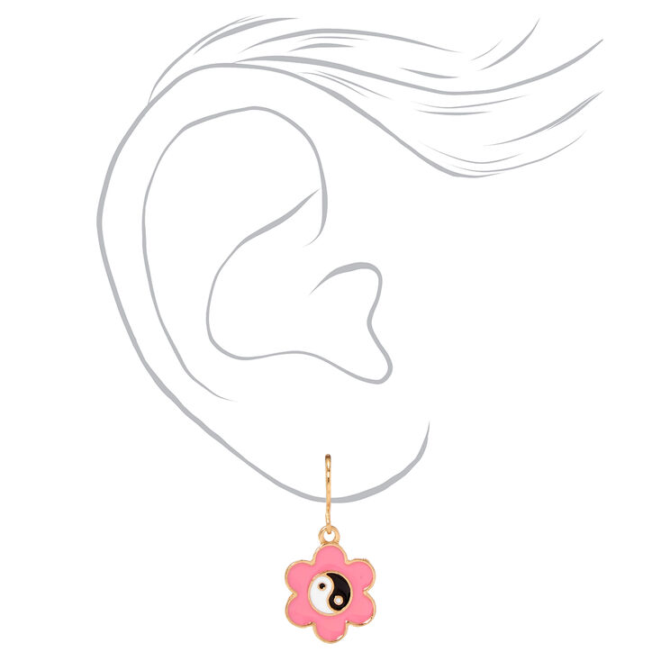 Gold .5&quot; Pink Daisy Yin Yang Drop Earrings,