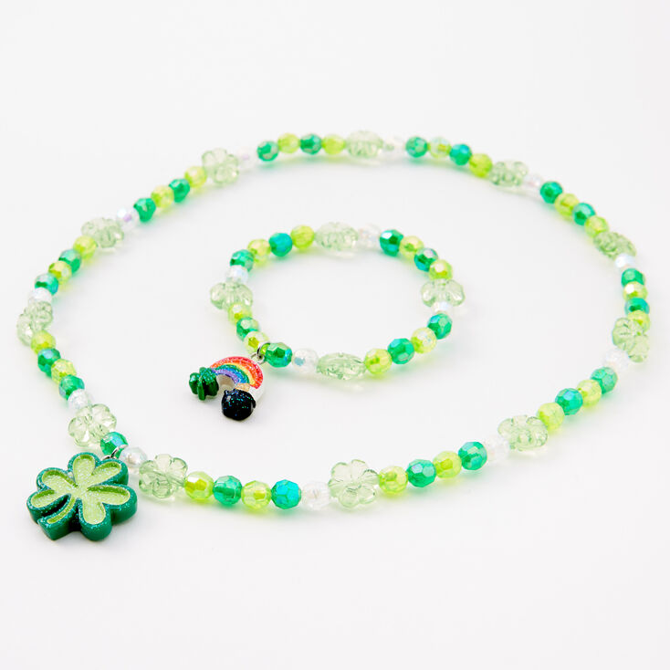 St. Patrick&#39;s Day Green Shamrock &amp; Rainbow Beaded Jewelry Set - 2 Pack,