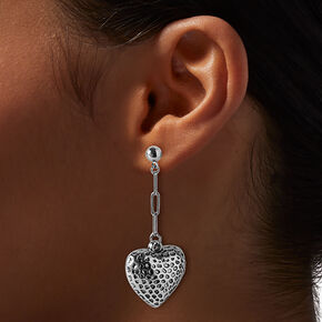 Hematite Crater Heart Chain Drop Earrings,