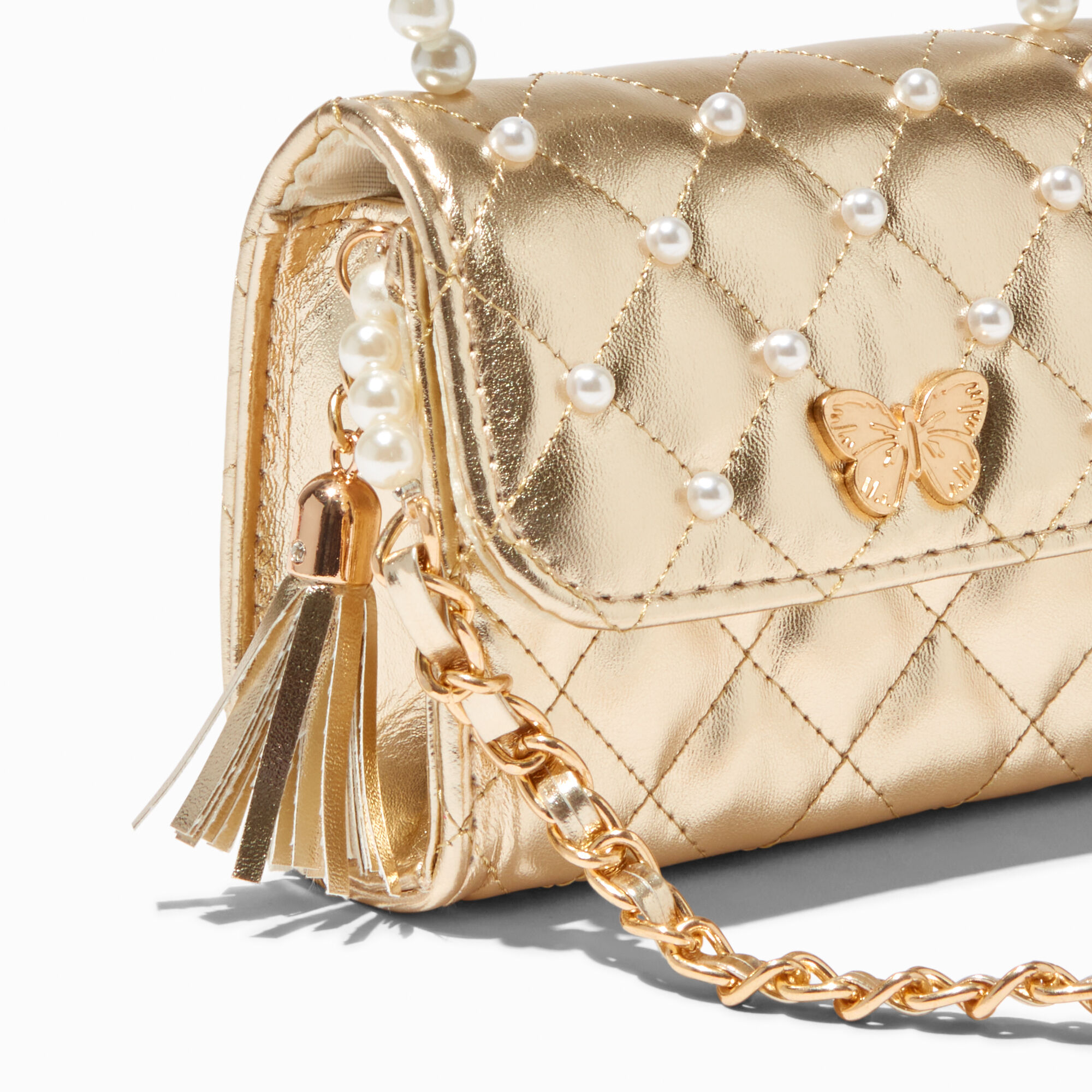 Claire's Club Gold Quilted Pearl Crossbody Bag,
