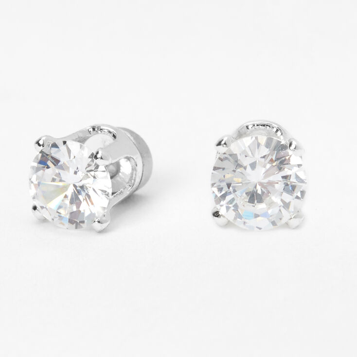 Silver Cubic Zirconia Round Magnetic Earrings - 4MM,